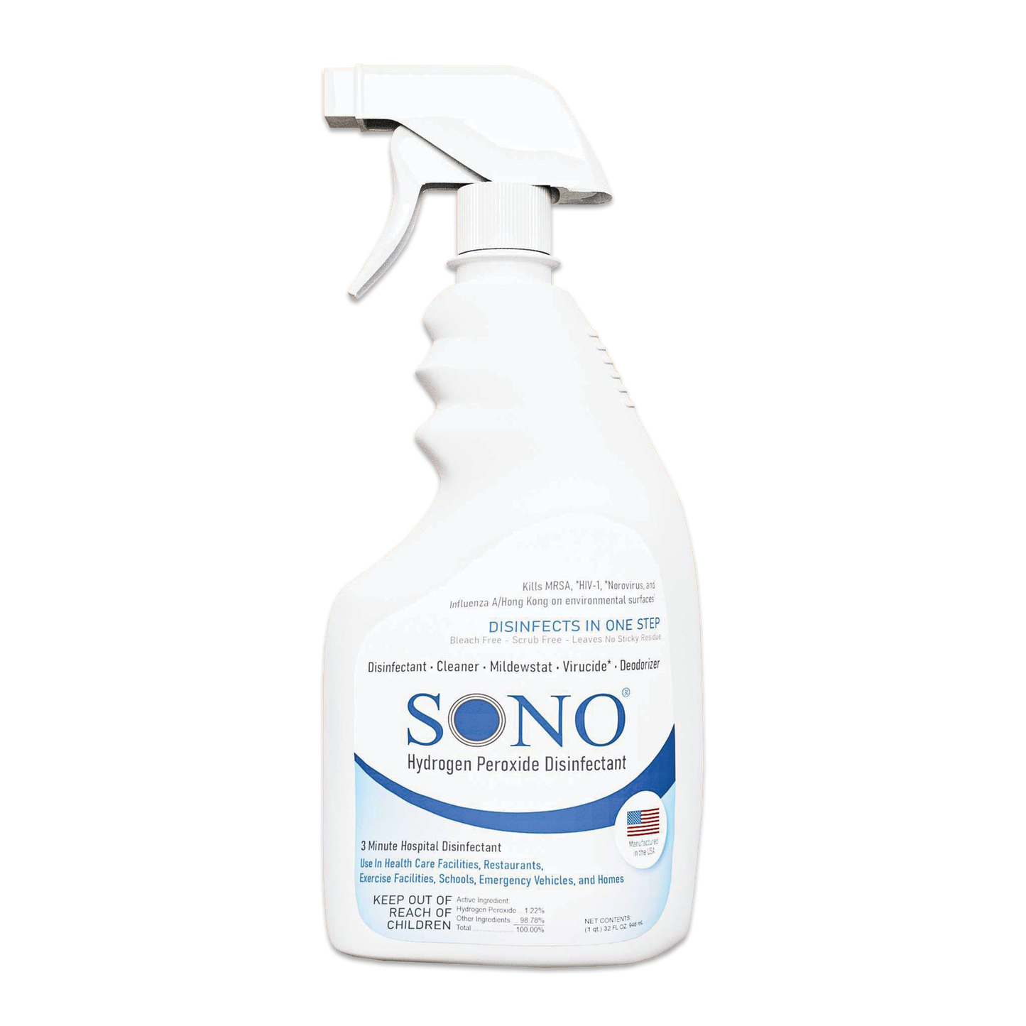 Transparent View of 32 oz Bottle - SONO Hydrogen Peroxide Disinfectant Spray - Clear Labeling and Secure Cap