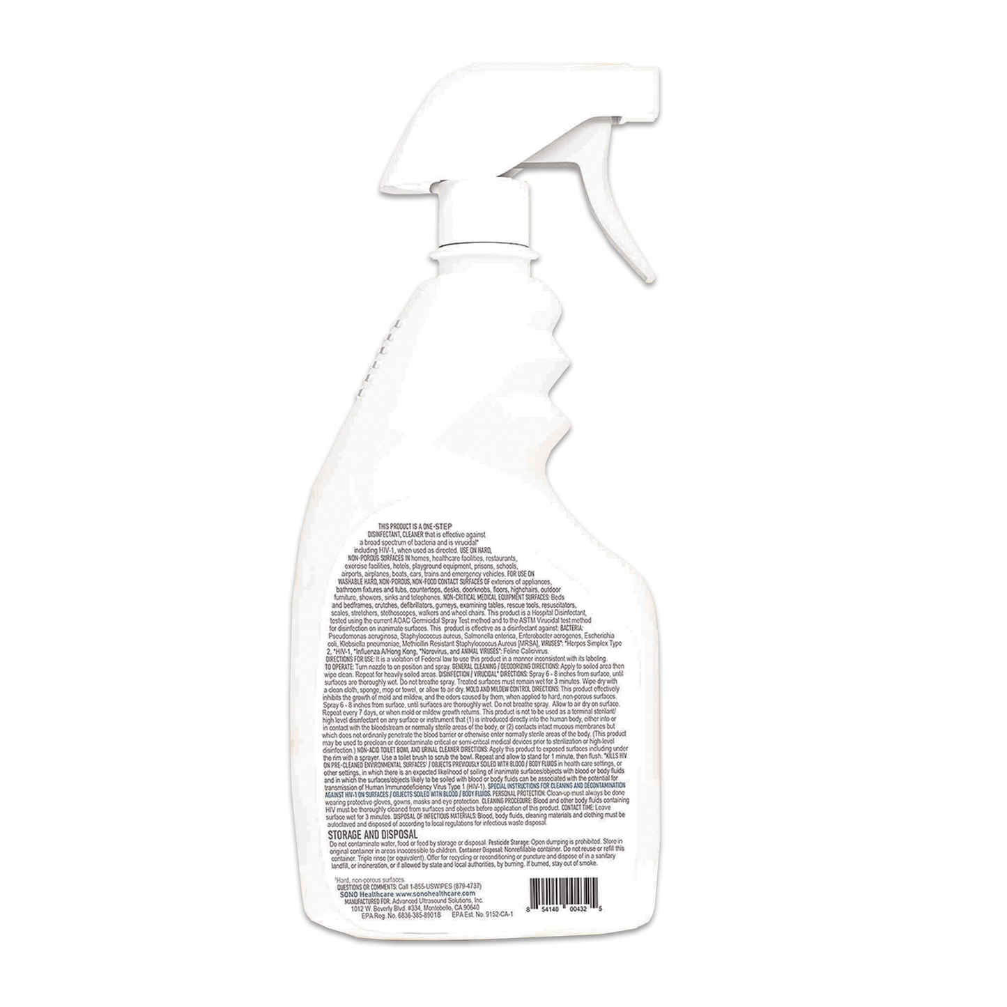 Back View of 32 oz Bottle - SONO Hydrogen Peroxide Disinfectant Spray - Detailed Product Information and Usage Instructions