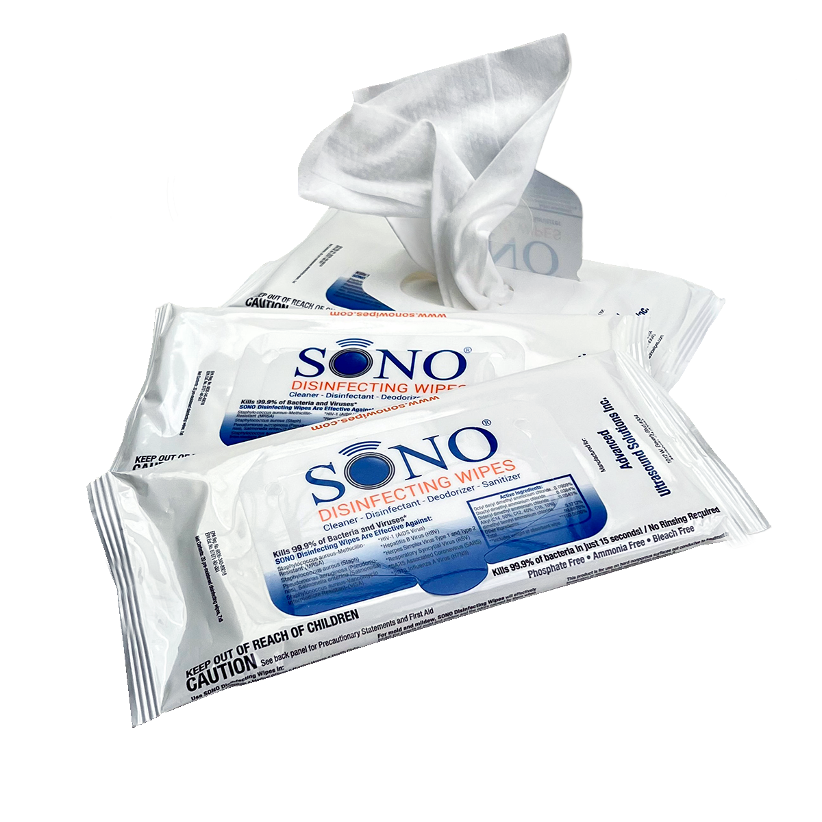 Three packs of SONO Travel Safe Disinfecting Wipes, ensuring you have ample supply during your travels.