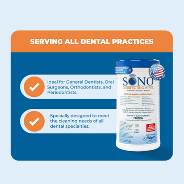 Sono disinfecting wipes packaging with text on a blue background