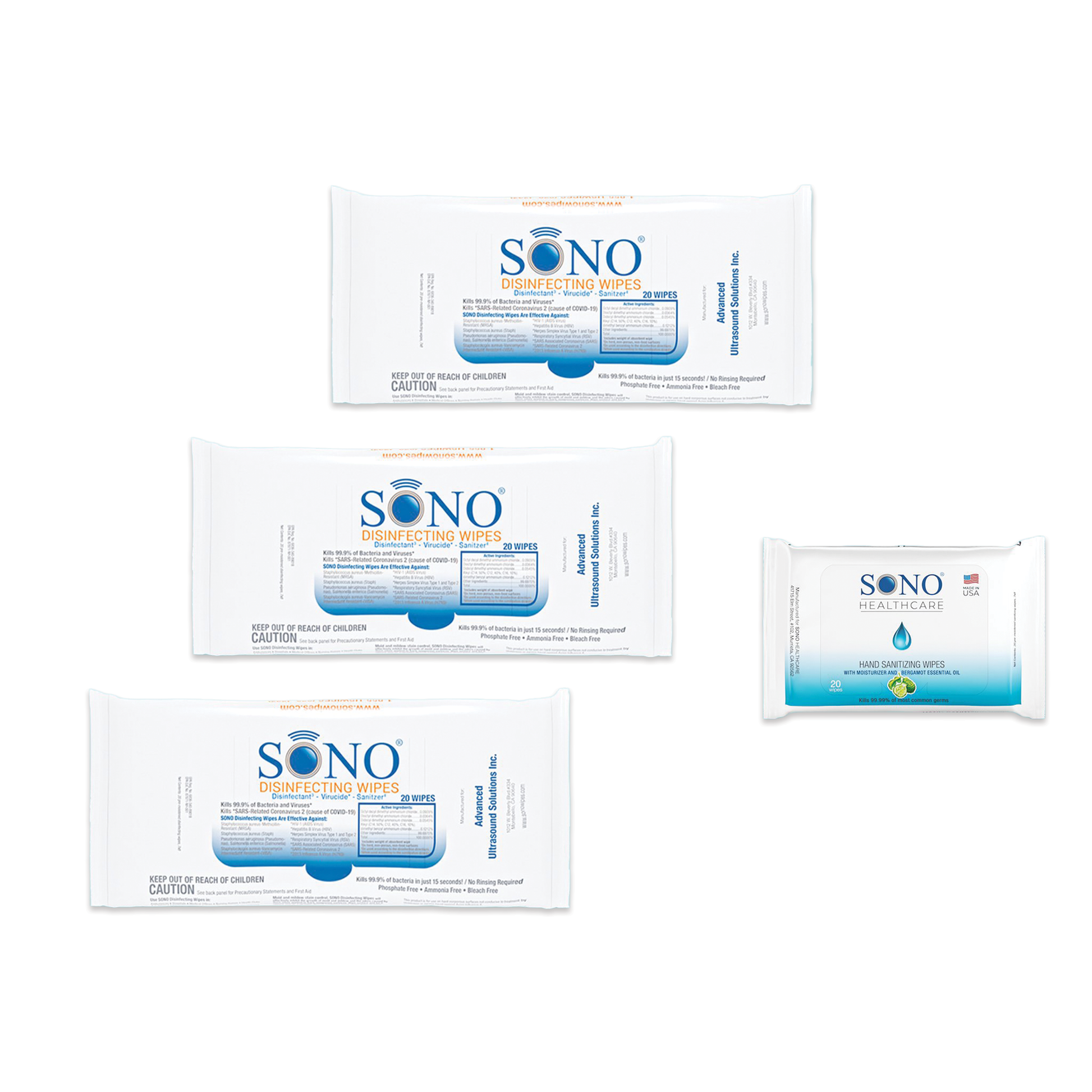 Close-up of SONO Travel Safe Disinfecting Wipes, showcasing the compact and travel-friendly packaging.