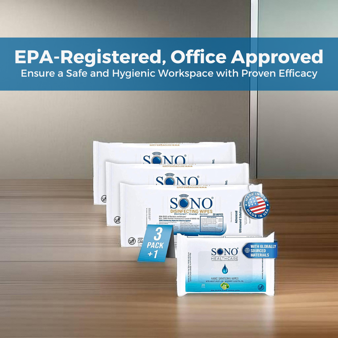 SONO Travel Safe Disinfecting Wipes with EPA Registered and Office Approved labels, ensuring quality and effectiveness.