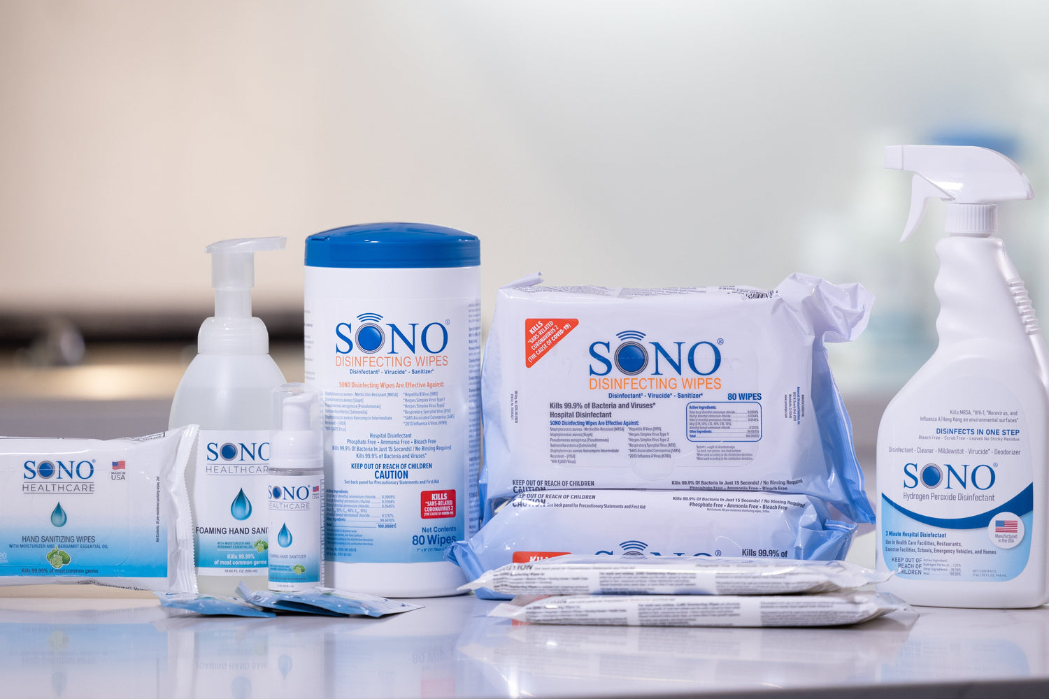 SONO cleaning products on a kitchen counter