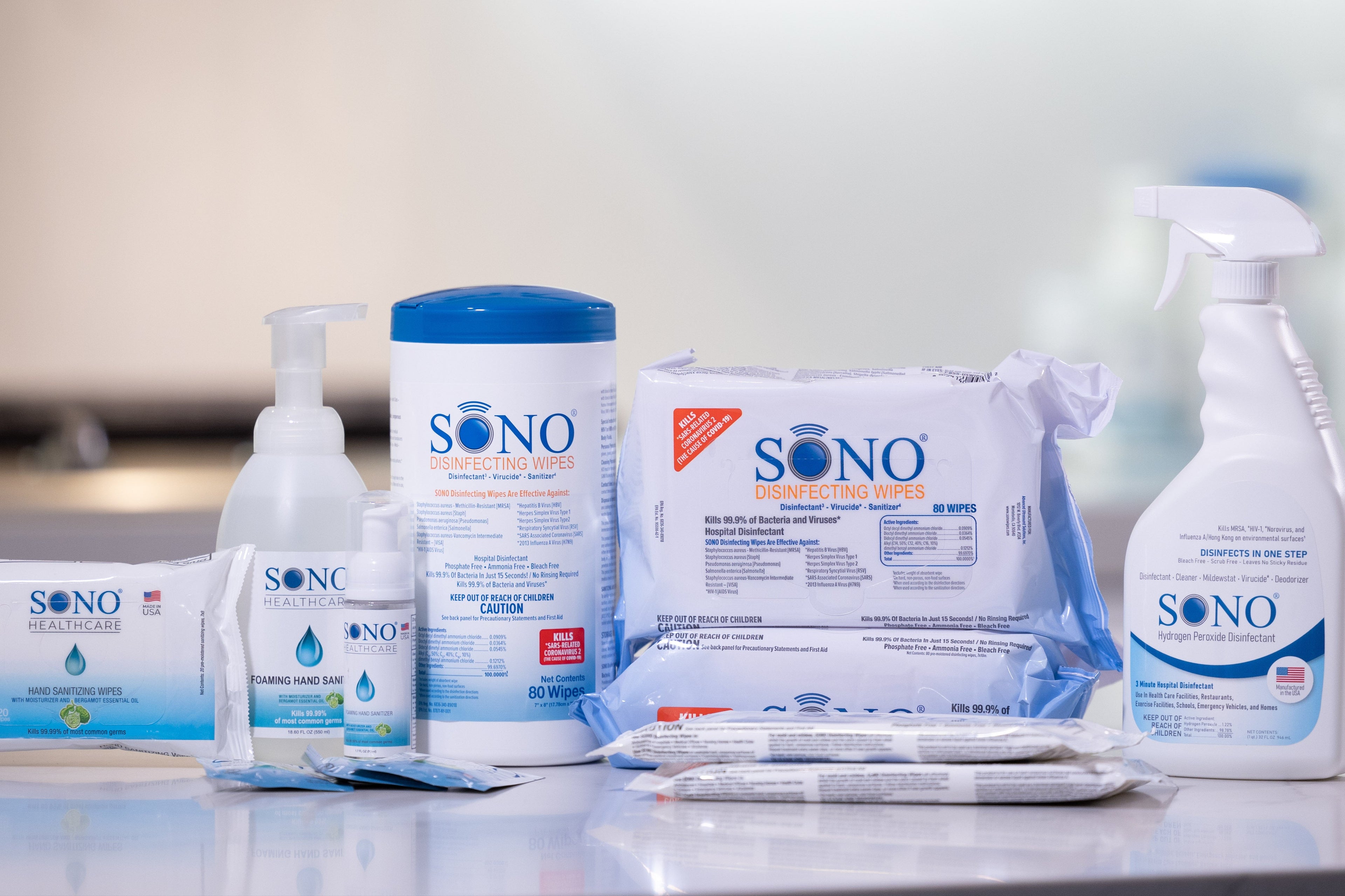 SONO cleaning products on a kitchen counter