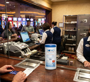 Casino cashier station with SONO product on the counter