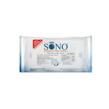 Pack of Sono disinfecting wipes on a white background 80 count soft pack