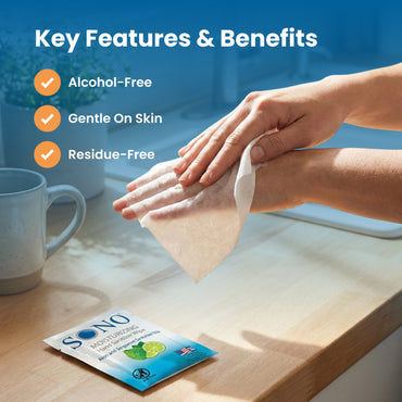 Person using SONO Hand Wipes single packet while traveling