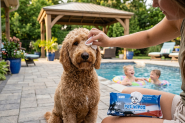Person cleaning a dog's face with wipes by a pool, with children playing in the background.