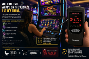 Hygiene product showing surface bacteria levels on slot machines with text about cleanliness.