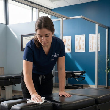 Person cleaning a massage table with SONO disinfecting wipes in a clinical setting.