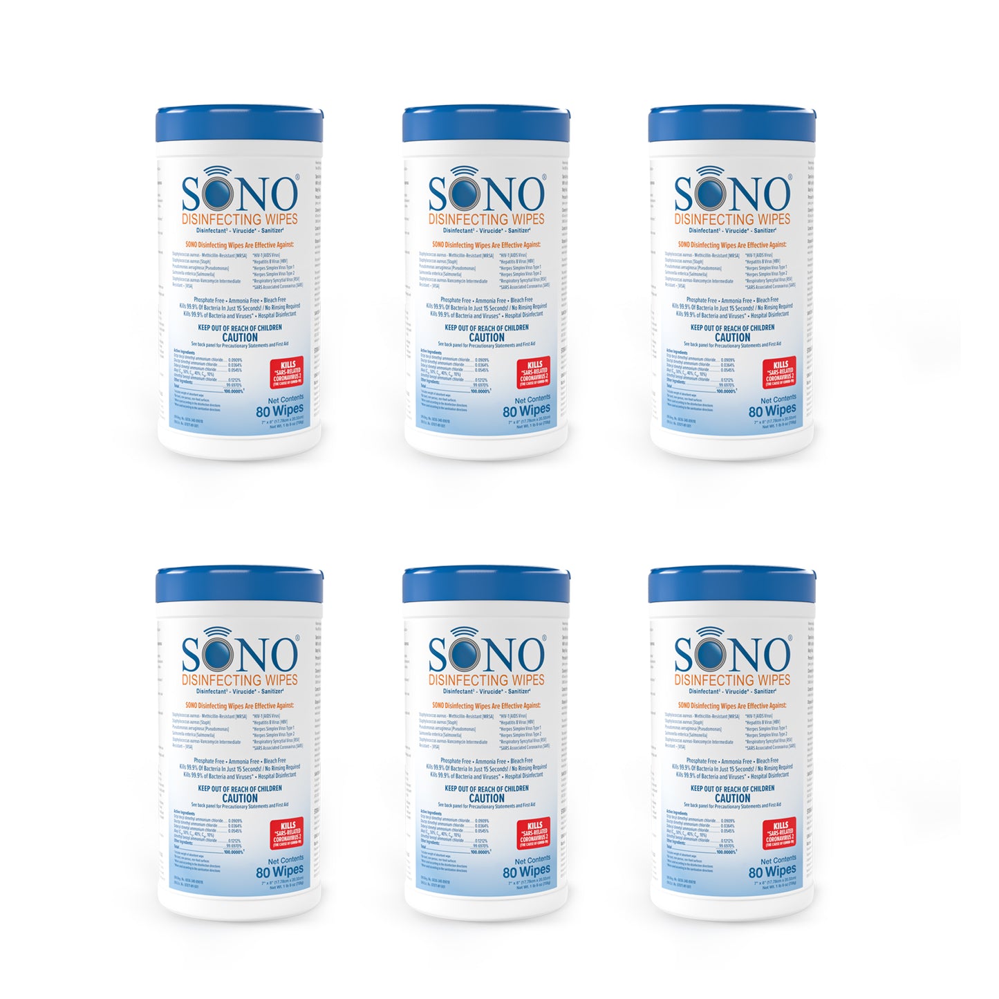 "SONO Disinfecting Wipes 6-Pack Canisters, providing 80 ct each for thorough cleaning and disinfection.