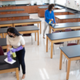 Clean classroom maintained with alcohol-free cleaning solutions.