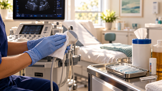 A gloved sonographer disinfects an ultrasound transducer beside single-use gel packets and a high-level disinfectant bottle in a bright clinical exam room.
