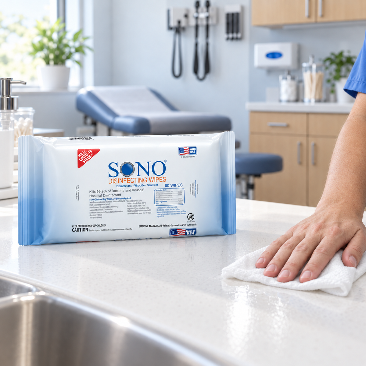 Medical Grade Disinfecting Cleaner Deodorizer Wipes | EPA Registered Equipment Safe 80ct Soft Pack | SONO
