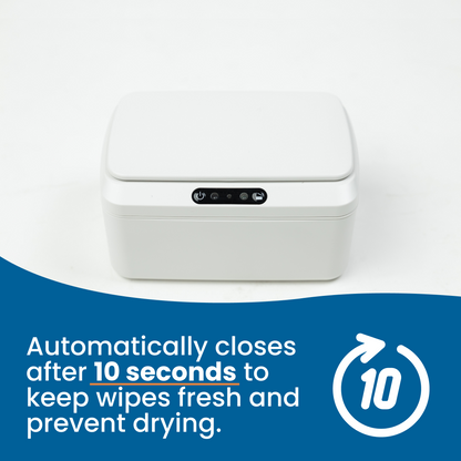 Smart wipe dispenser infographic showing battery operated sensor technology and 40-sheet capacity
