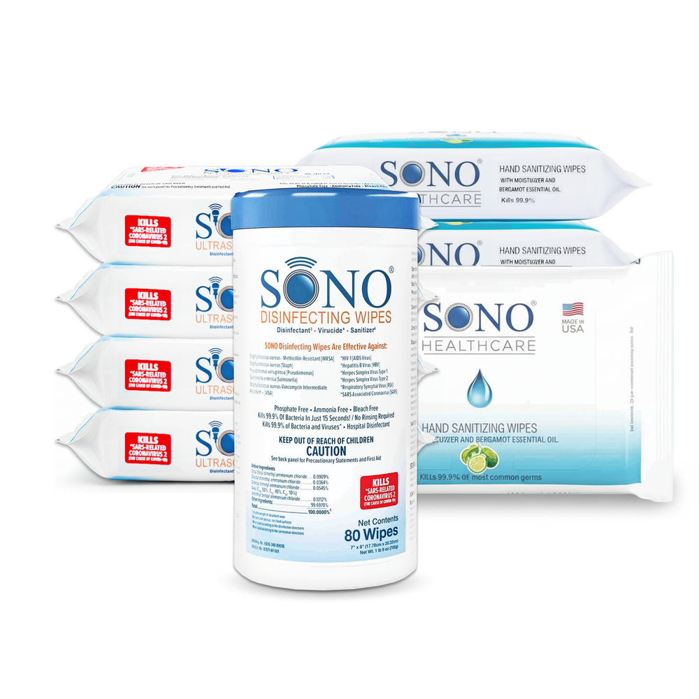 SONO disinfecting wipes packaging on a white background