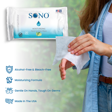 SONO Moisturizing Hand Sanitizing Wipes 20 count soft pack large towel wiping hands 