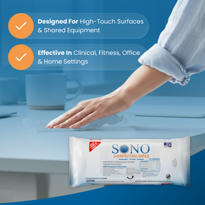 SONO disinfecting wipes packaging with a hand reaching for it on a surface.