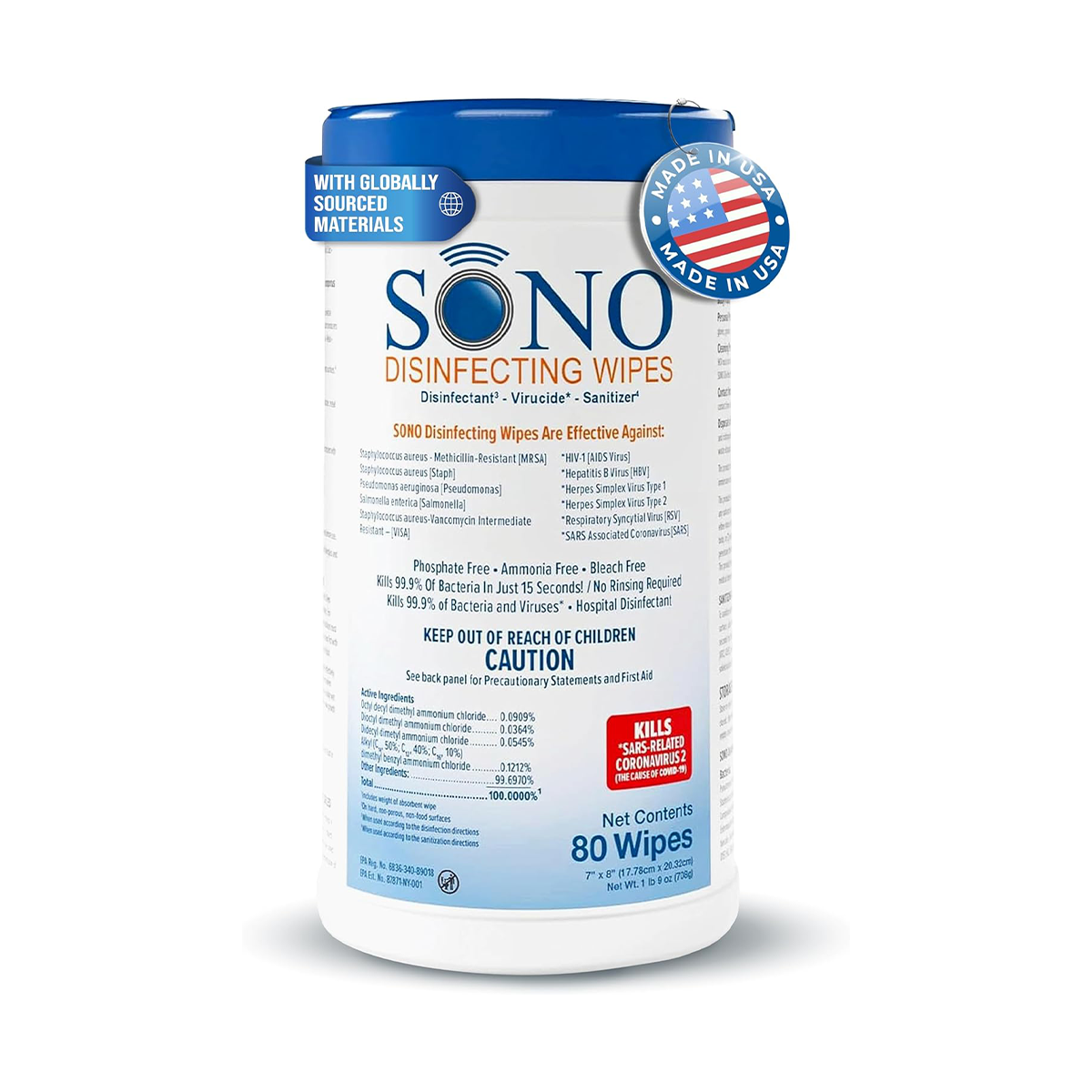 Close-up of SONO Disinfecting Wipes canister showcasing the product's packaging and label.