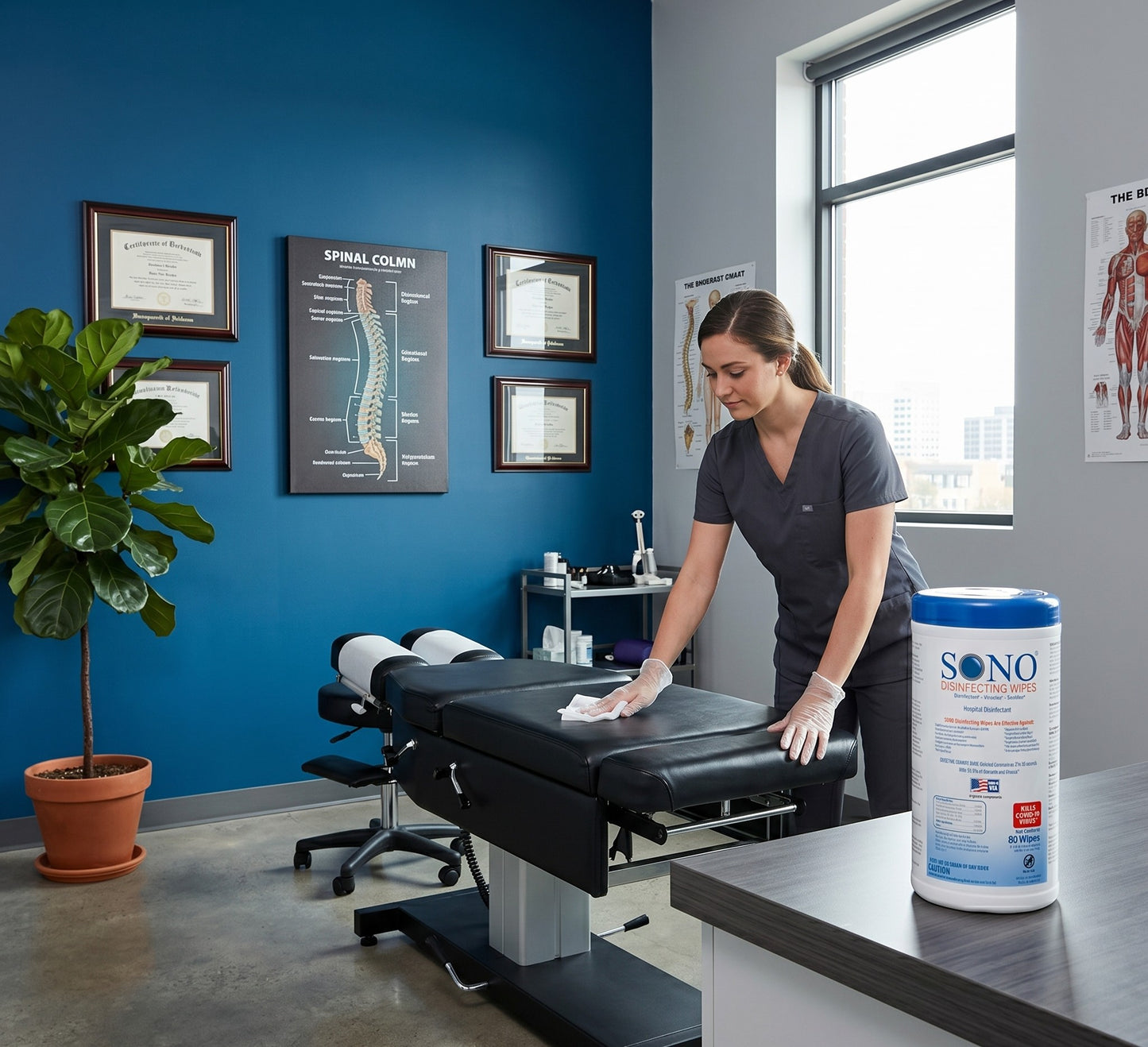 SONO Pro-Grade Chiro Table & Equipment Disinfecting Cleaner Deodorizer Wipes | Alcohol-Free 80ct Canister