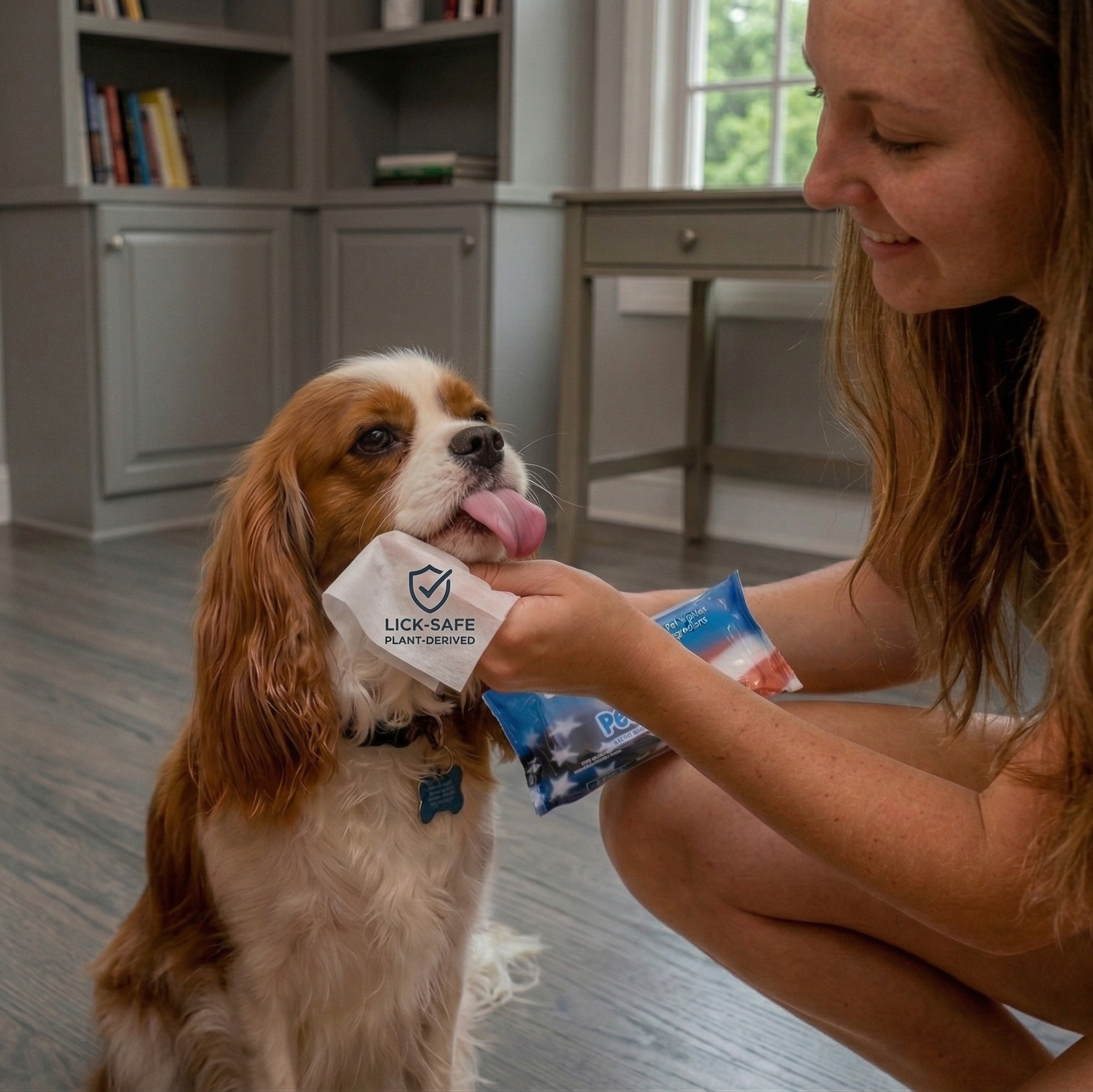 Woman interacting with a dog holding a Lick-Safe product in a home setting.
