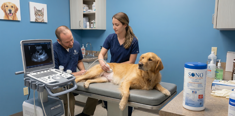 Veterinarians examining a dog in an ultrasound room.