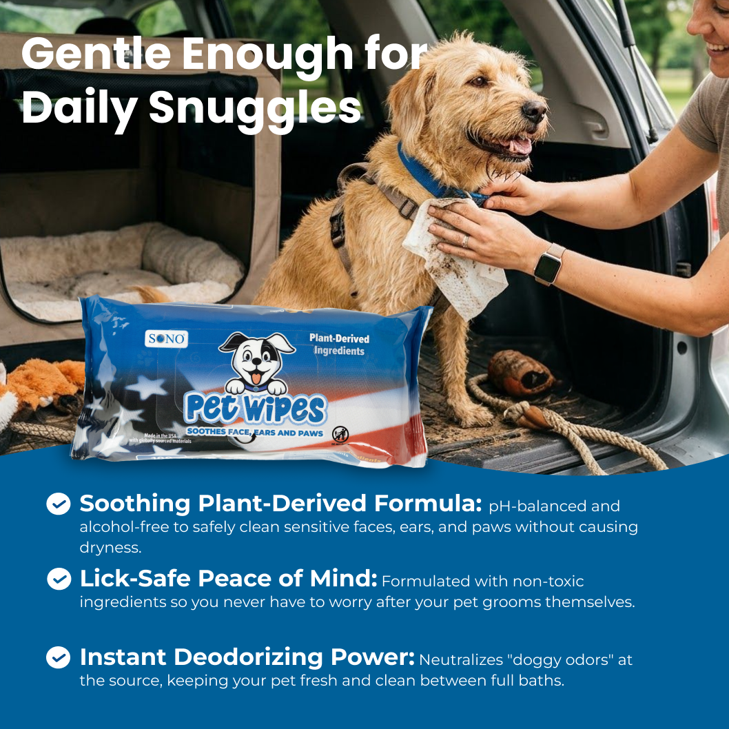 SONO Premium Pet Wipes - Lick Safe Formulation for Dogs & Cats (100 Count) with Chamomilla, Vitamin E & Aloe
