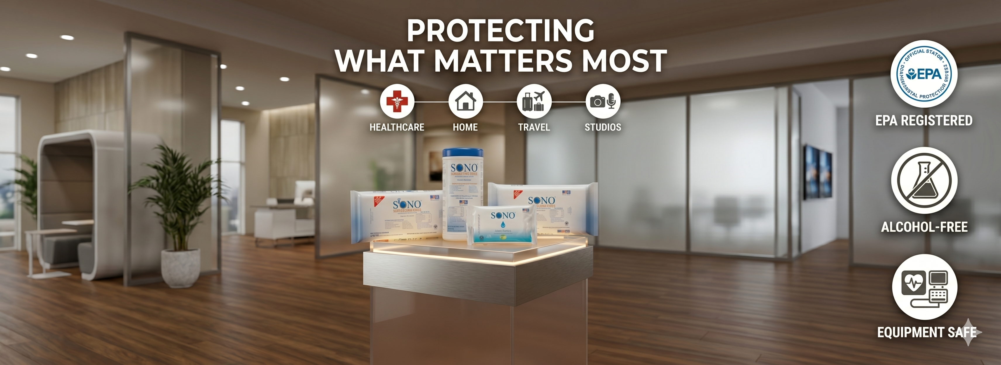 SONO EPA-registered disinfecting wipes for healthcare, home, travel and studios with touchless dispenser technology