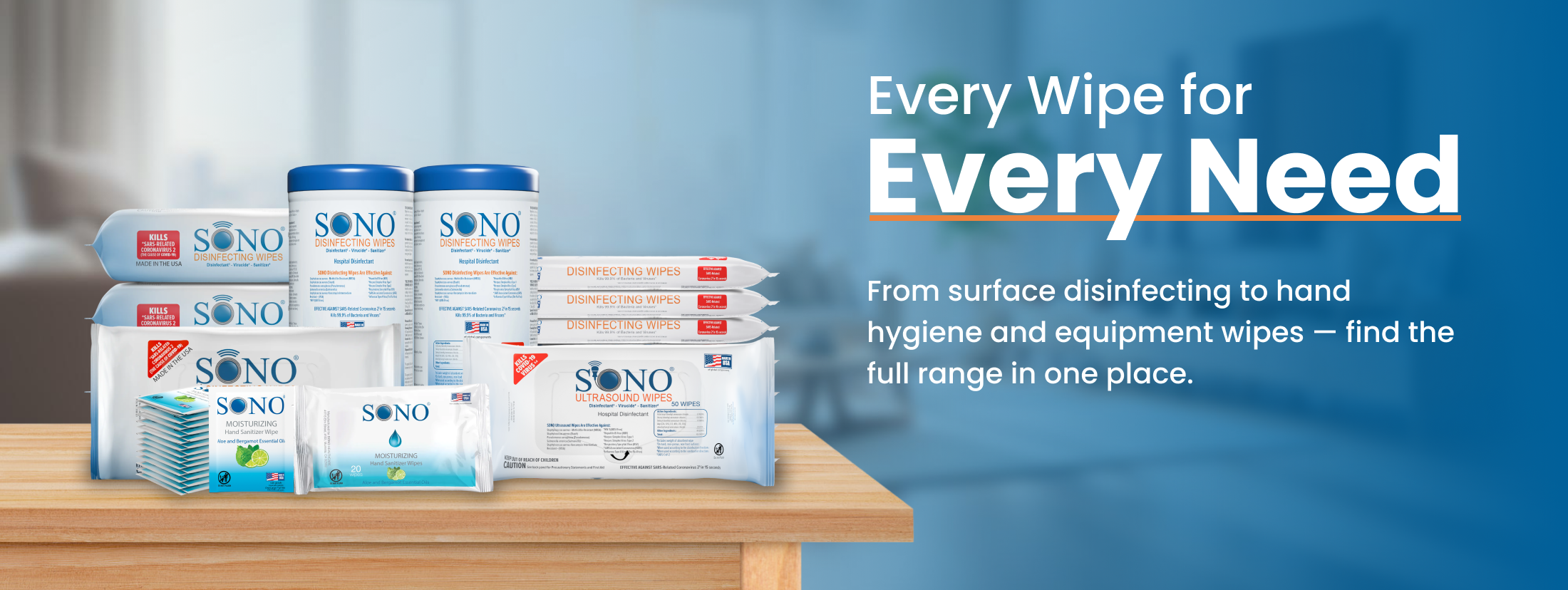 SONO wipes packaging on a wooden surface with a blue gradient background and promotional text.