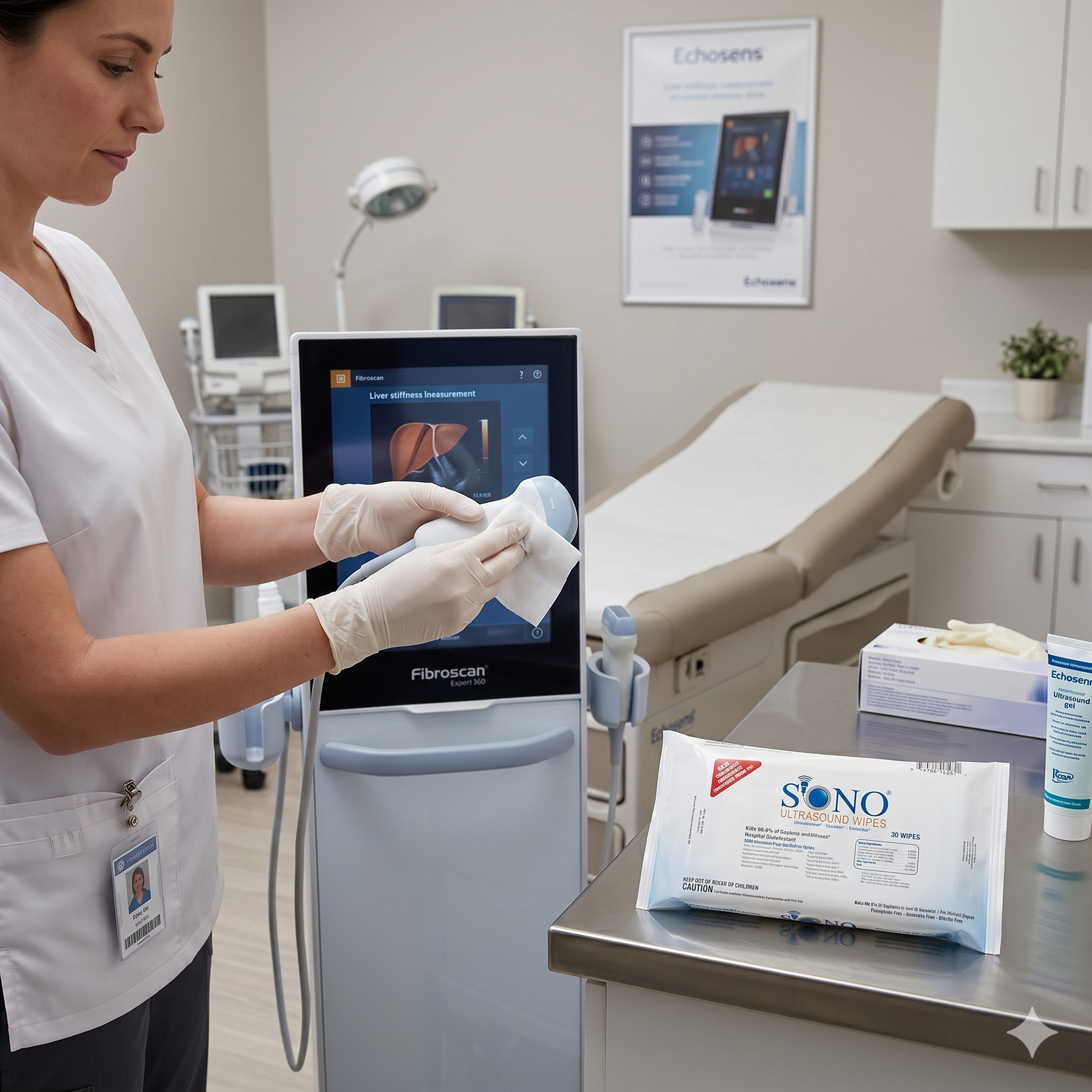 Nurse using medical equipment in a clinical setting with 'Sono' products on a counter.
