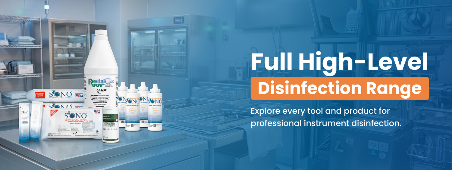 Display of disinfection products with a focus on professional instrument disinfection in a clinical setting.
