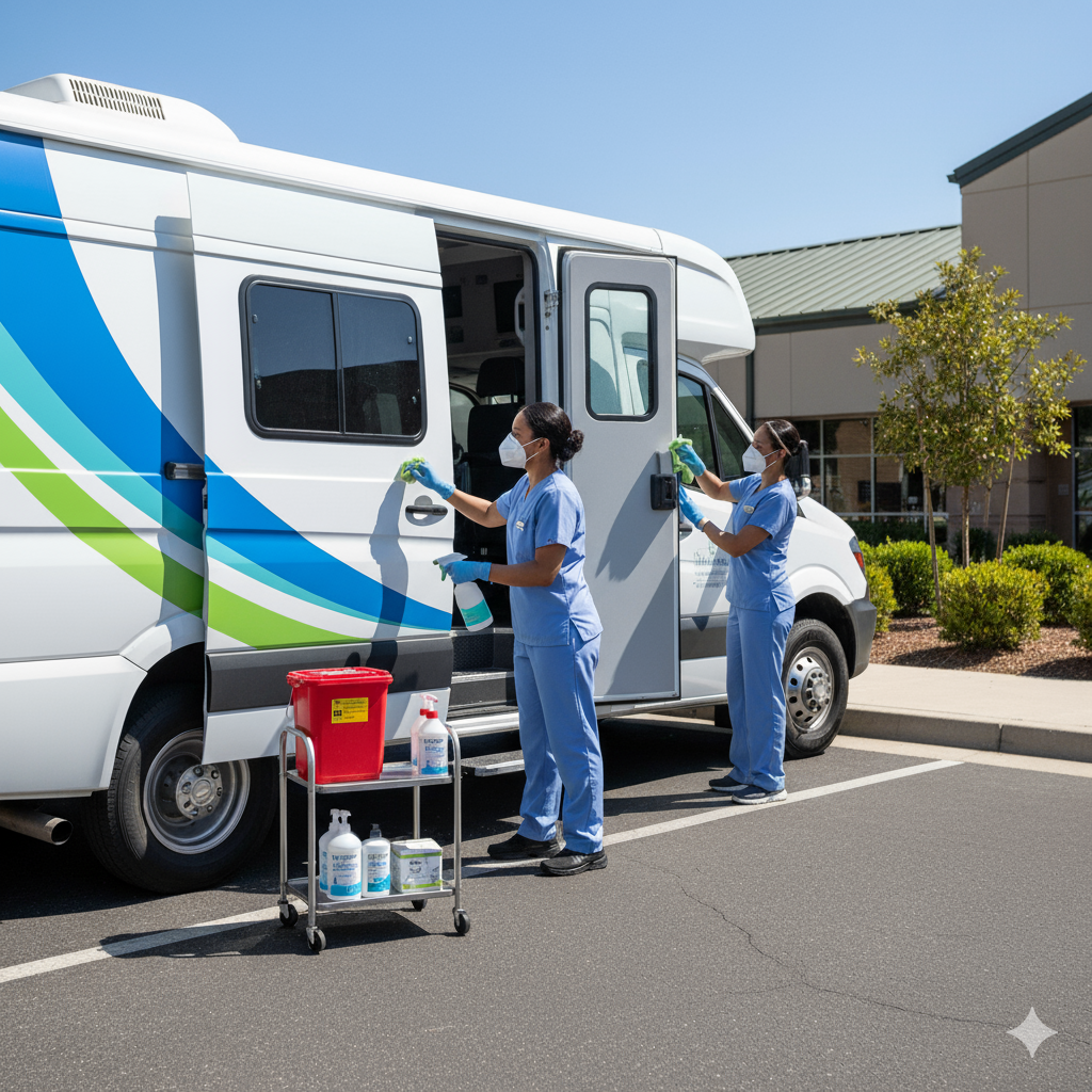 Two healthcare workers in blue scrubs opening a van door with cleaning supplies on a cart.