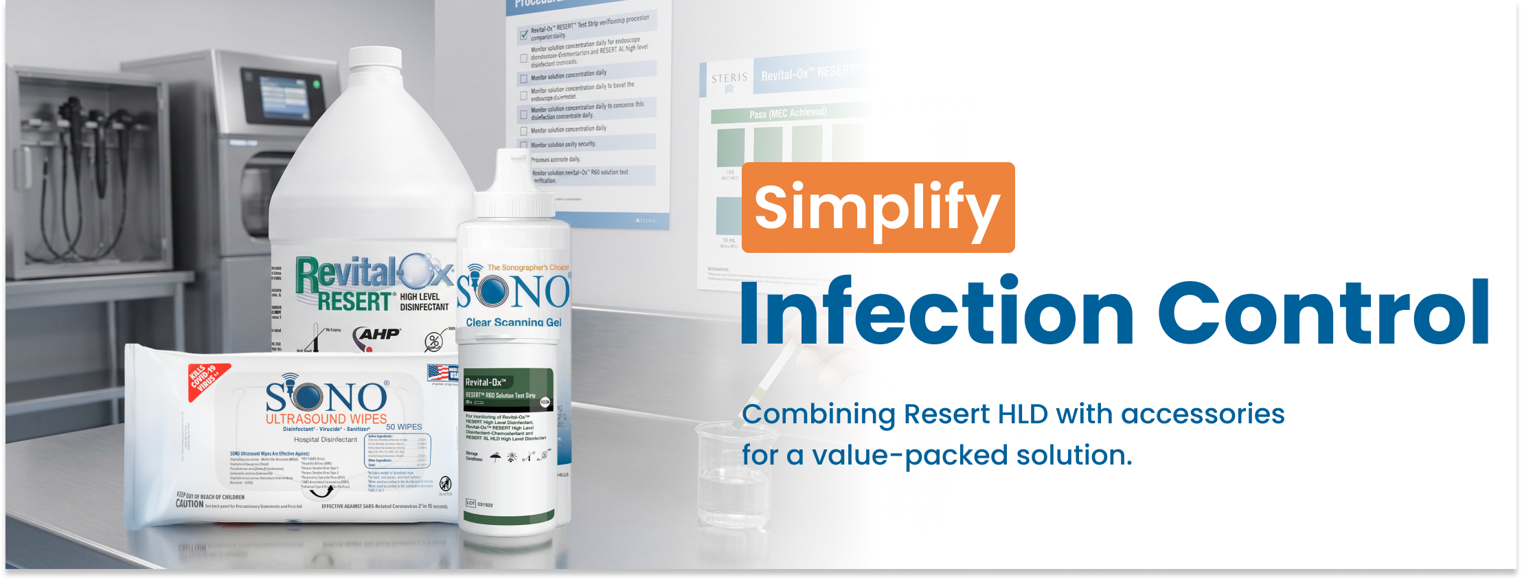 Infection control products with 'Revital Ox and SONOl' text on a white background