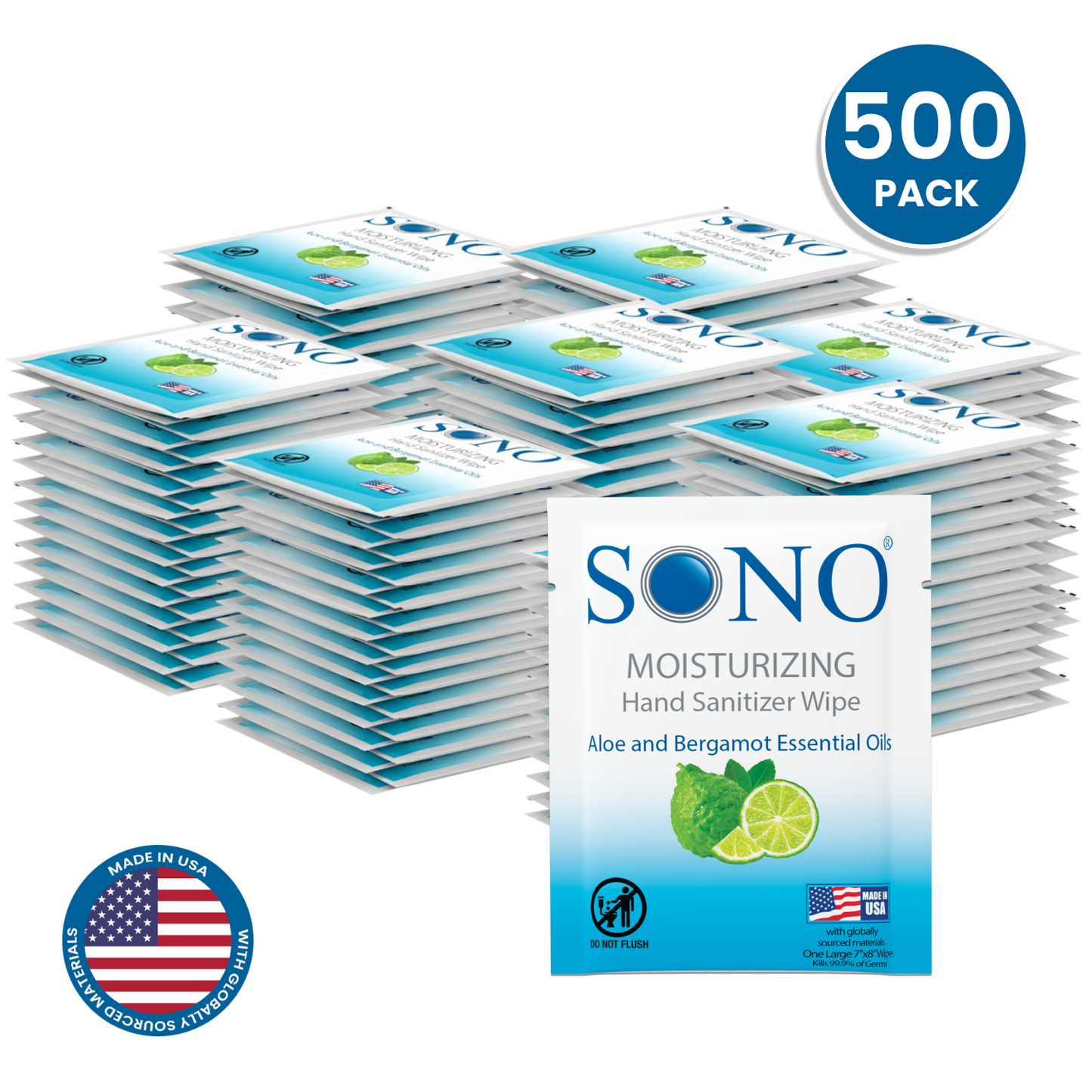 Stack of SONO moisturizing hand sanitizer wipes with a 500 pack bulk buying for wineries restaurants and amusement parks