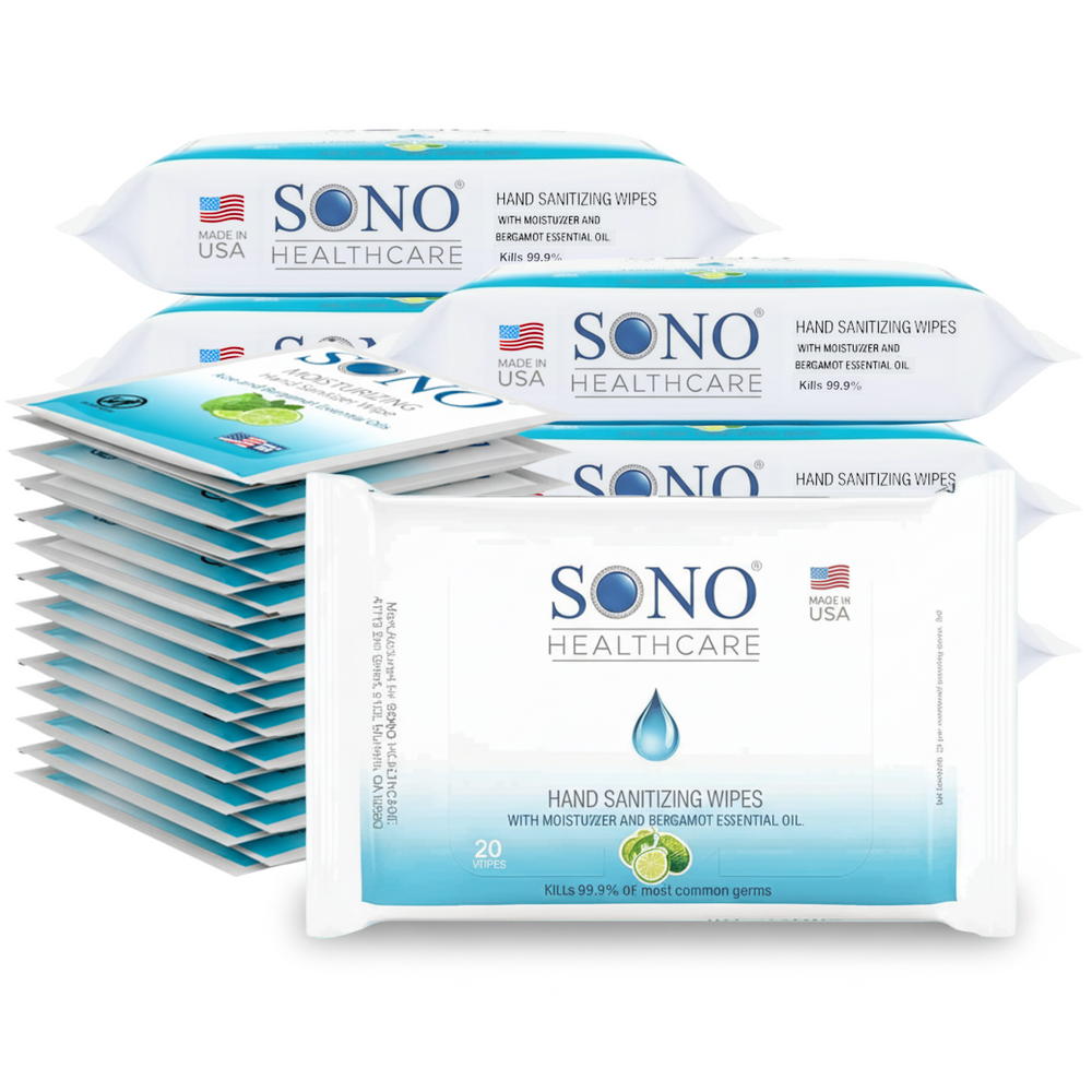 Stack of SONO Healthcare hand sanitizing wipes on a white background