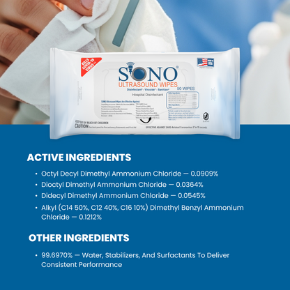 SONO ultrasound wipes packaging with active ingredients listed on a blue background