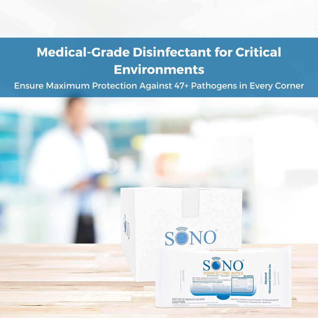 Text Highlighting the Medical-Grade Disinfectant Qualities of SONO Travel Size Wipes for Critical Environments