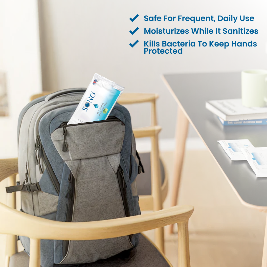 Gray backpack with a box of SONO hand sanitizer on a chair, with product features listed above.