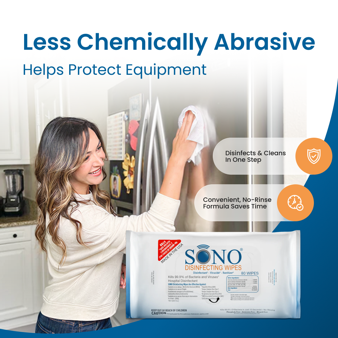 Woman using SONO disinfecting wipes in a kitchen with text highlighting product benefits.