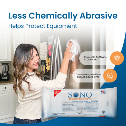 SONO cleaning a refrigerator with SONO disinfecting wipes in a kitchen safe on appliances and kitchens.