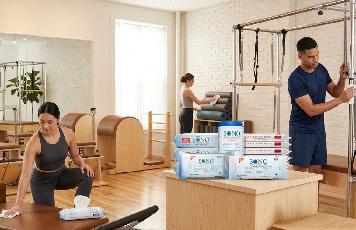 Pro-Grade Pilates Reformer | Yoga Mat Disinfecting Cleaner Deodorizer Wipes | Alcohol-Free Vinyl Safe 80ct Canister | SONO