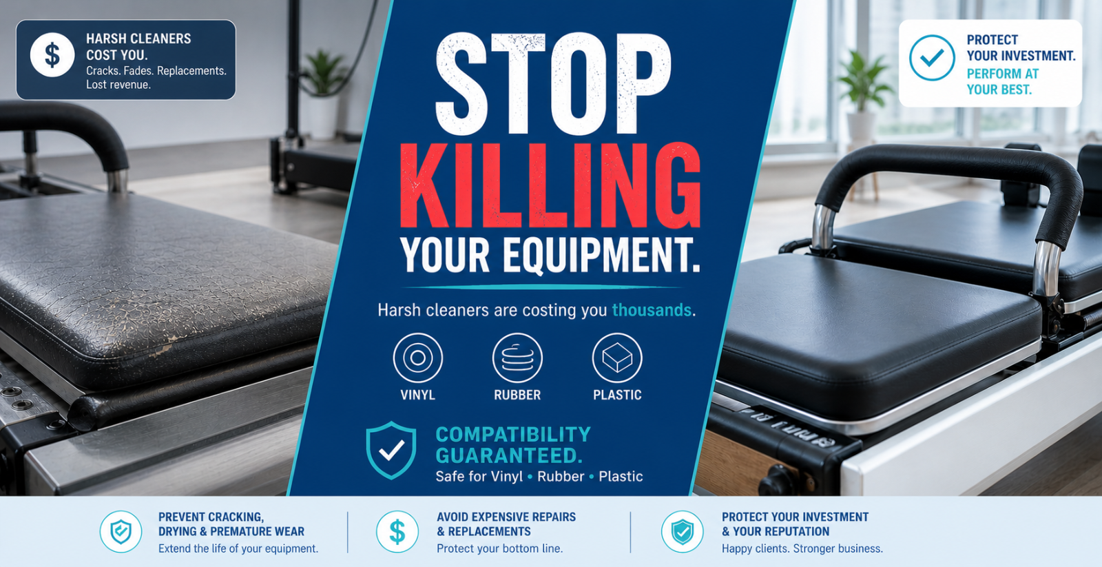 Advertisement for a cleaning product with text 'Stop Killing Your Equipment' and images of equipment and cleaning products.