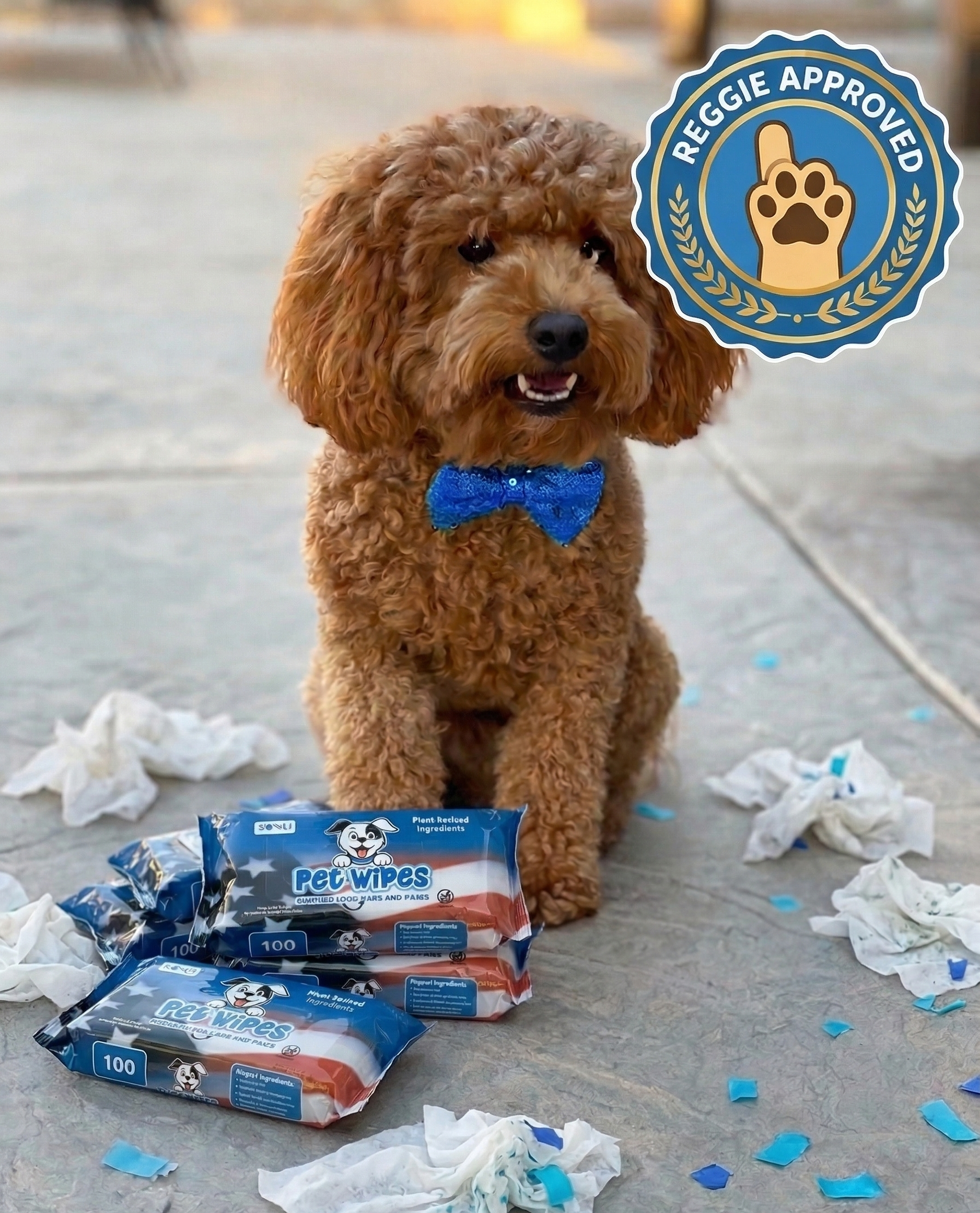 Dog sitting with packages of Pet Wipes and a 'Reggie Approved' badge in the corner.