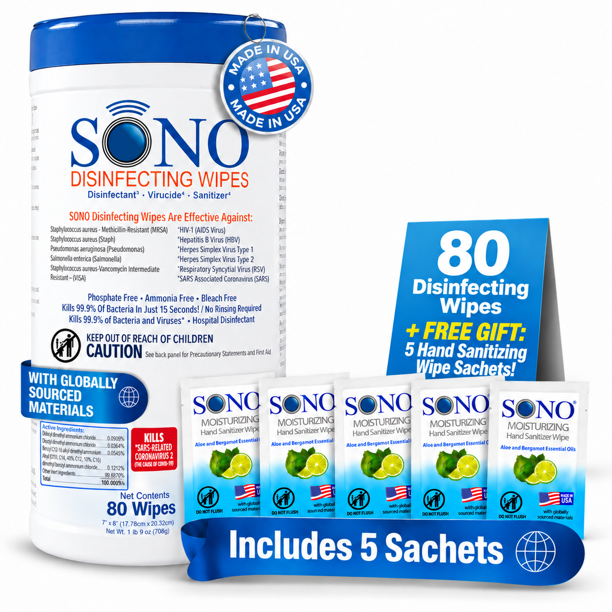 EPA Registered Disinfecting Cleaner Deodorizer Wipes | Alcohol-Free Medical Equipment Safe 80ct | SONO