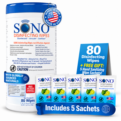 EPA Registered Disinfecting Cleaner Deodorizer Wipes | Alcohol-Free Medical Equipment Safe 80ct | SONO