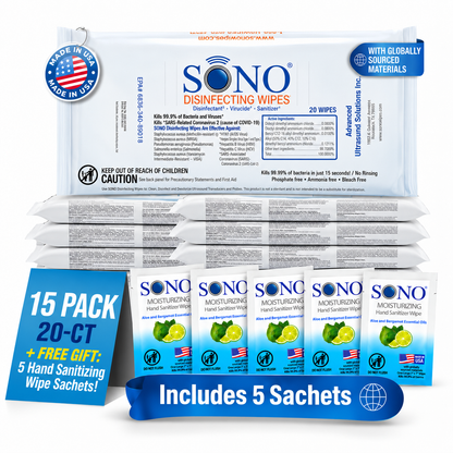 Travel Size Disinfecting Cleaner Deodorizer Wipes | EPA Registered TSA Approved | SONO
