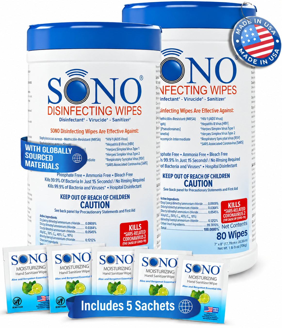 EPA Registered Disinfecting Cleaner Deodorizer Wipes | Alcohol-Free Medical Equipment Safe 80ct | SONO