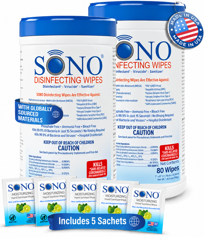 EPA Registered Disinfecting Cleaner Deodorizer Wipes | Alcohol-Free Medical Equipment Safe 80ct | SONO