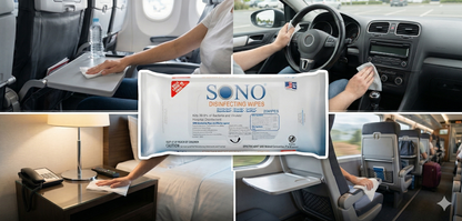 SONO disinfectant wipes packaging with various usage scenarios in a car, office, and public transport.