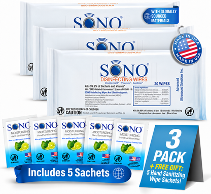 Travel Size Disinfecting Cleaner Deodorizer Wipes | EPA Registered TSA Approved | SONO